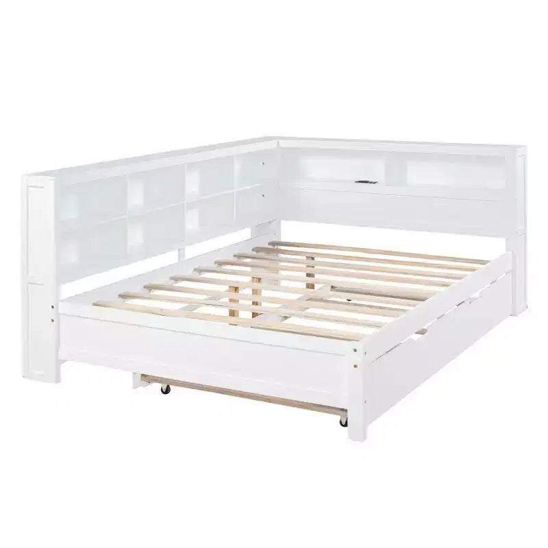 MAYEERTY Grand lit avec lit gigogne et étagère de rangement pour chambre, blanc