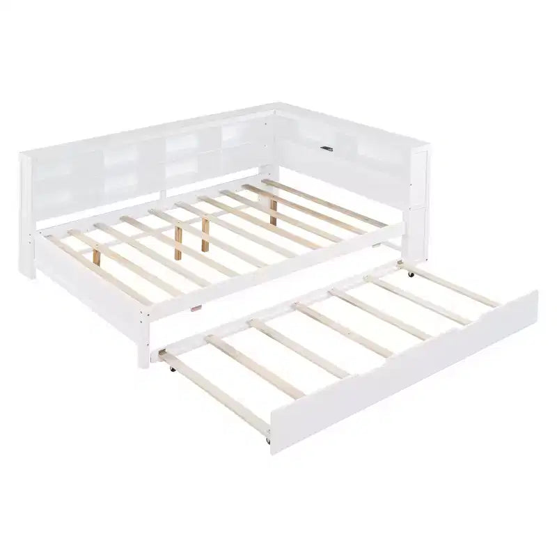 MAYEERTY Grand lit avec lit gigogne et étagère de rangement pour chambre, blanc