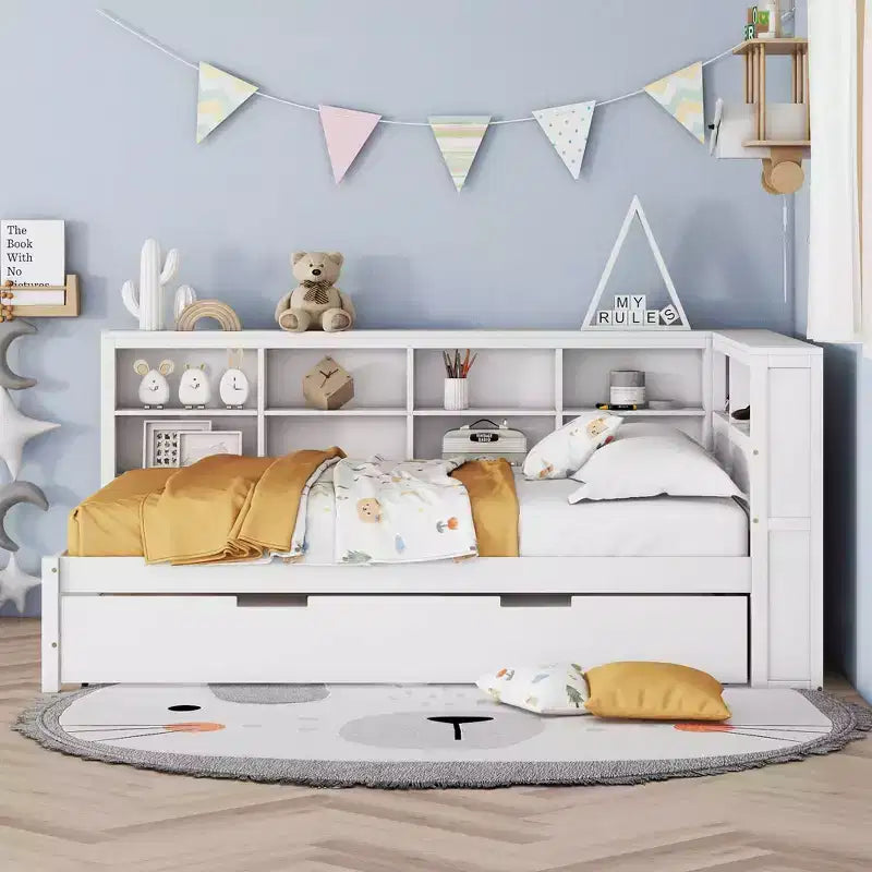 MAYEERTY Grand lit avec lit gigogne et étagère de rangement pour chambre, blanc