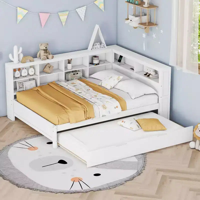 MAYEERTY Grand lit avec lit gigogne et étagère de rangement pour chambre, blanc