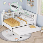 MAYEERTY Grand lit avec lit gigogne et étagère de rangement pour chambre, blanc