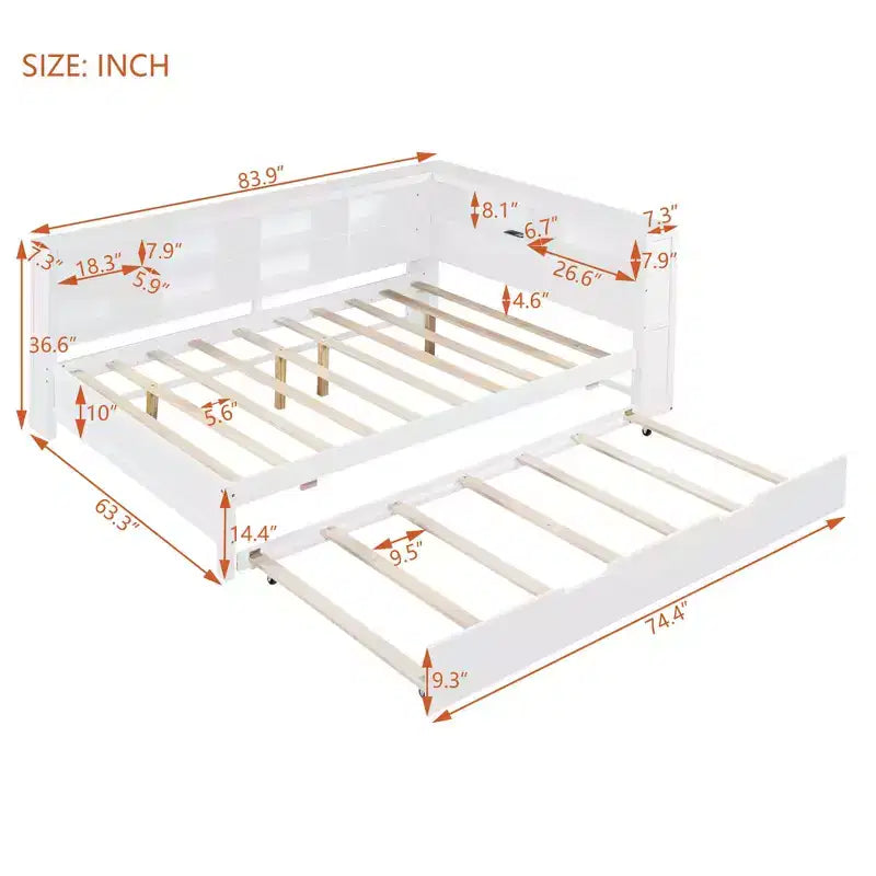 MAYEERTY Grand lit avec lit gigogne et étagère de rangement pour chambre, blanc
