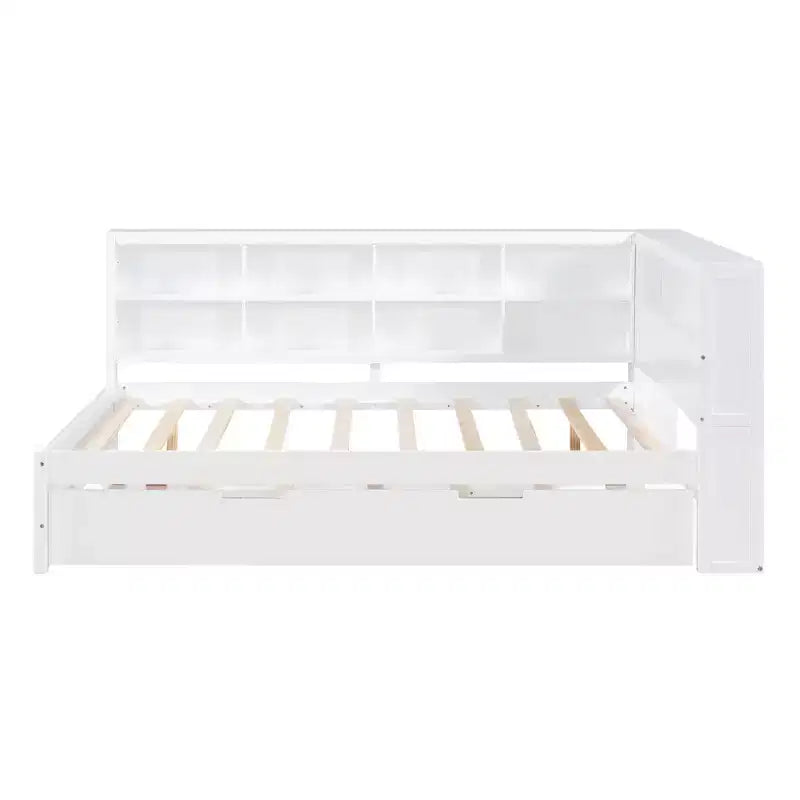MAYEERTY Grand lit avec lit gigogne et étagère de rangement pour chambre, blanc