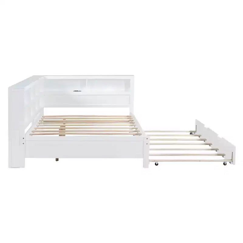 MAYEERTY Grand lit avec lit gigogne et étagère de rangement pour chambre, blanc