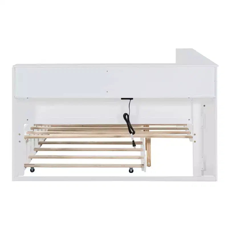 MAYEERTY Grand lit avec lit gigogne et étagère de rangement pour chambre, blanc