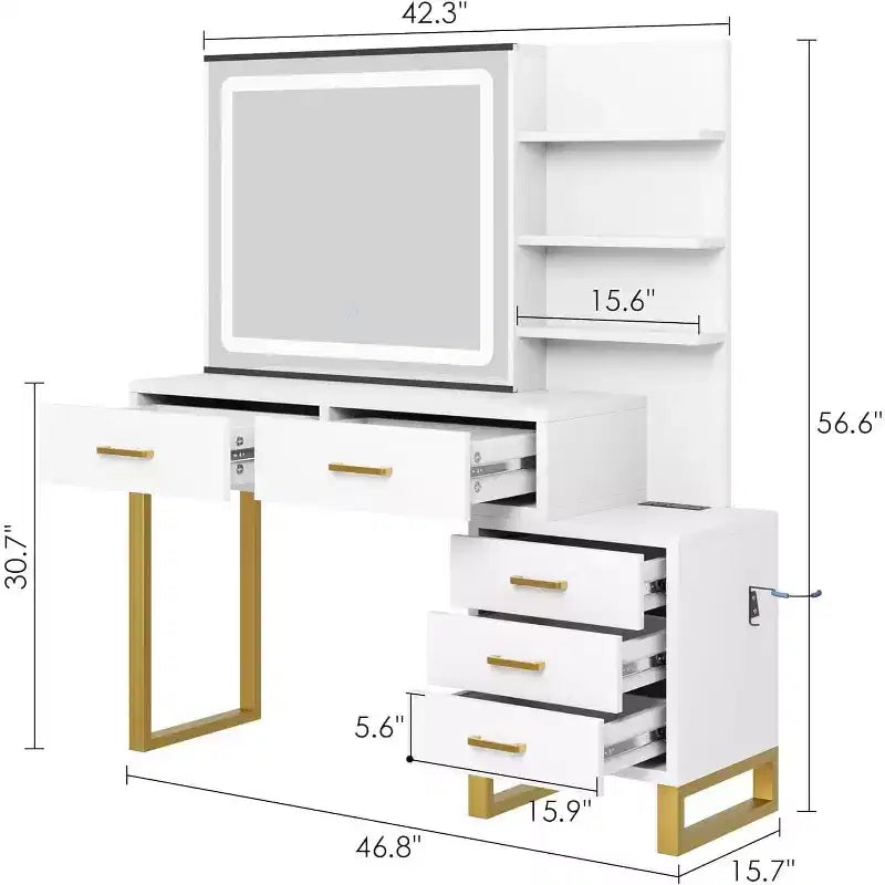Coiffeuse de Maquillage, Grande Table de Maquillage, 3 Modes d'Éclairage, 5 Grands Tiroirs et 3 Niveaux d'Étagères Ouvertes, pour Chambre à Coucher