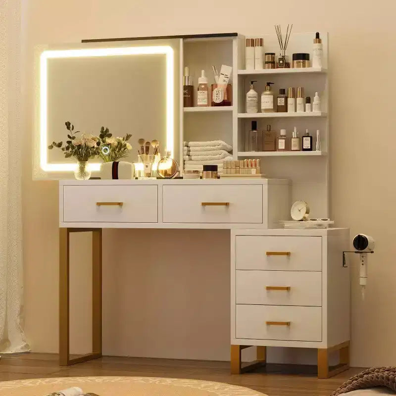 Coiffeuse de Maquillage, Grande Table de Maquillage, 3 Modes d'Éclairage, 5 Grands Tiroirs et 3 Niveaux d'Étagères Ouvertes, pour Chambre à Coucher