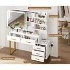 Coiffeuse de Maquillage, Grande Table de Maquillage, 3 Modes d'Éclairage, 5 Grands Tiroirs et 3 Niveaux d'Étagères Ouvertes, pour Chambre à Coucher