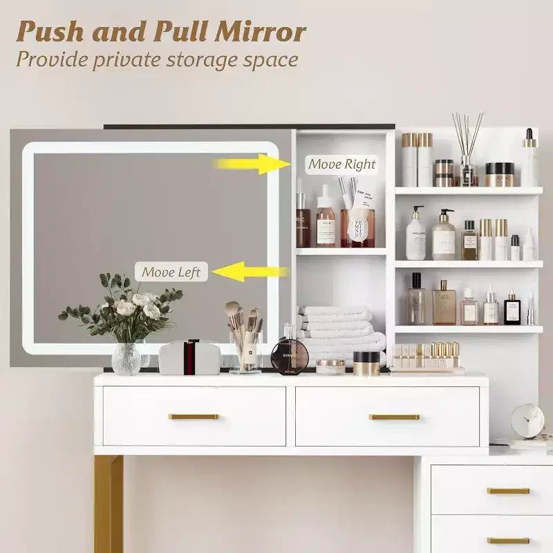 Coiffeuse de Maquillage, Grande Table de Maquillage, 3 Modes d'Éclairage, 5 Grands Tiroirs et 3 Niveaux d'Étagères Ouvertes, pour Chambre à Coucher