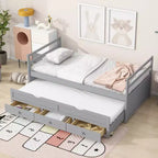 Lit de repos double avec lit gigogne et trois tiroirs de rangement, Lit plateforme en bois avec tête de lit et pied de lit pour enfants