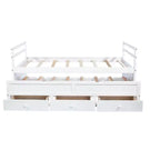 Lit de repos double avec lit gigogne et trois tiroirs de rangement, Lit plateforme en bois avec tête de lit et pied de lit pour enfants