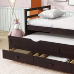 Lit de repos double avec lit gigogne et trois tiroirs de rangement, Lit plateforme en bois avec tête de lit et pied de lit pour enfants