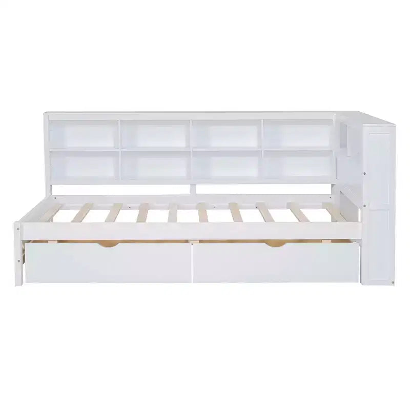 Lit simple MAYEERTY avec 2 tiroirs, étagère de rangement et ports pour chambre à coucher, Blanc
