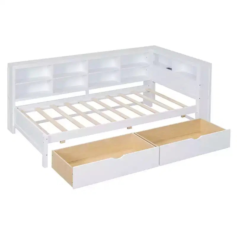 Lit simple MAYEERTY avec 2 tiroirs, étagère de rangement et ports pour chambre à coucher, Blanc