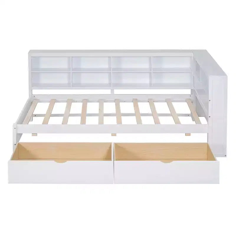 Lit simple MAYEERTY avec 2 tiroirs, étagère de rangement et ports pour chambre à coucher, Blanc