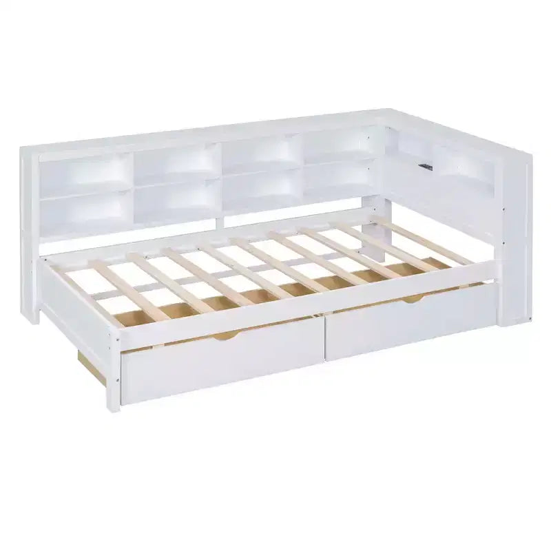 Lit simple MAYEERTY avec 2 tiroirs, étagère de rangement et ports pour chambre à coucher, Blanc