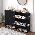 Meuble à chaussures cannelé de 80 cm avec 2 tiroirs abattants et crochets latéraux, organisateur de rangement étroit réglable pour entrée avec étagère inférieure ouverte