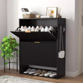 31.5'' Fluted Shoe Cabinet with 2 Flip-Down Drawers & Side Hooks, Adjustable Narrow Entryway Storage Organizer with Bottom Open Shelf