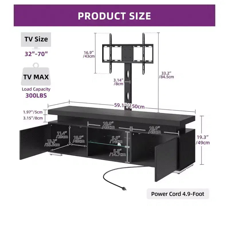 Meuble TV moderne avec support réglable en hauteur pour téléviseur de 65 pouces, centre de divertissement à LED avec rangement, meuble console multimédia pour salon, noir