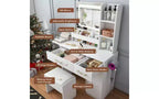 Coiffeuse JVNOXK avec miroir lumineux LED et prise électrique, 3 tiroirs, 7 étagères et tabouret de rangement, convient aux femmes, blanc