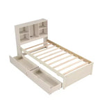 Bellemave Lit plateforme jumeau avec tête de lit bibliothèque et 2 tiroirs de rangement, lit plateforme en panneau de particules avec port de chargement USB