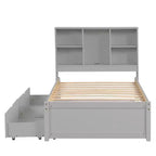 Bellemave Lit plateforme jumeau avec tête de lit bibliothèque et 2 tiroirs de rangement, lit plateforme en panneau de particules avec port de chargement USB