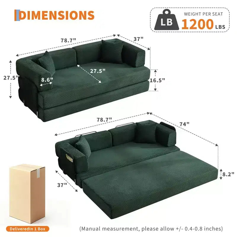 Canapé-lit convertible 5-en-1, 200 cm, en velours côtelé, avec dossier réglable, oreiller, aucun assemblage requis, canapé-lit modulaire peu encombrant.