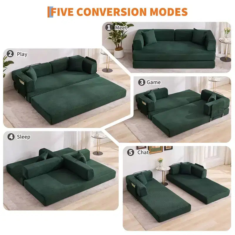 Canapé-lit convertible 5-en-1, 200 cm, en velours côtelé, avec dossier réglable, oreiller, aucun assemblage requis, canapé-lit modulaire peu encombrant.
