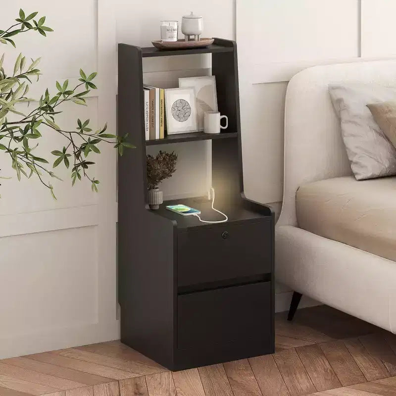 Nightstand with Charging Station & 2 Storage Drawers, Wood Night Stand with Bookshelf & Voice-Controlled Night Light