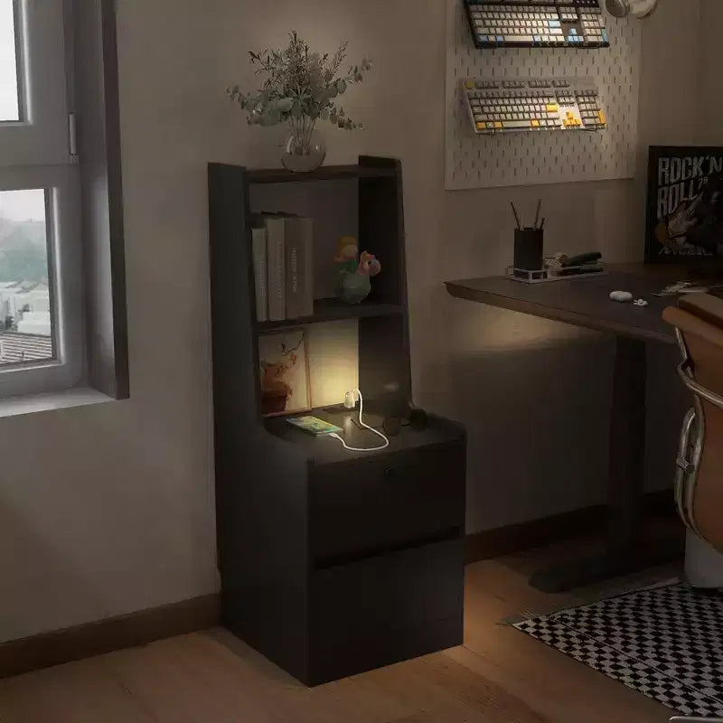 Table de chevet avec station de charge et 2 tiroirs de rangement, table de nuit en bois avec étagère et veilleuse à commande vocale