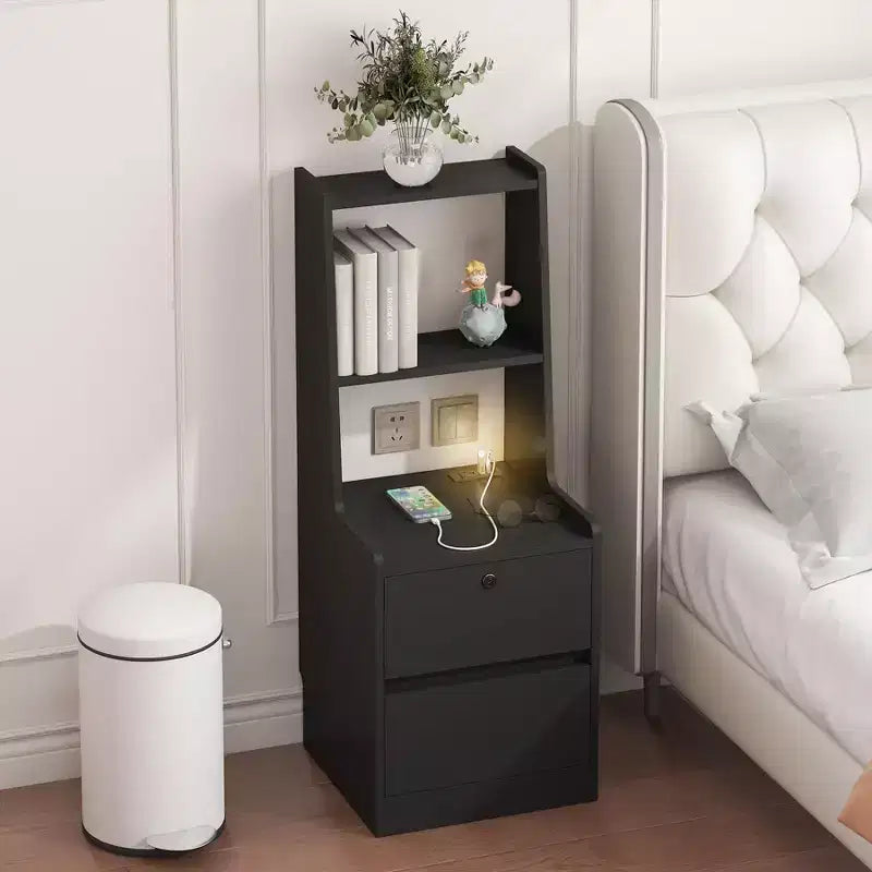 Table de chevet avec station de charge et 2 tiroirs de rangement, table de nuit en bois avec étagère et veilleuse à commande vocale
