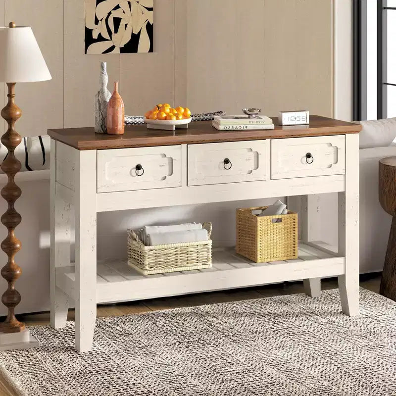 Table console rustique de ferme 47 po avec tiroirs - Pieds en bois massif - Table d'entrée avec étagère inférieure - Assemblage facile pour salon, foyer, entrée