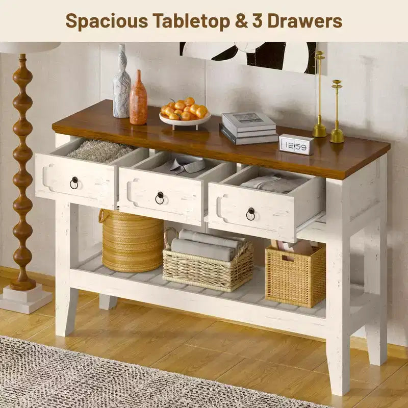 Table console rustique de ferme 47 po avec tiroirs - Pieds en bois massif - Table d'entrée avec étagère inférieure - Assemblage facile pour salon, foyer, entrée