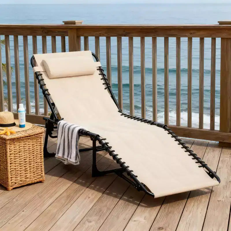 Chaise longue inclinable d'extérieur rembourrée et pliante avec dossier et appuie-tête réglables pour piscine, plage ou jardin