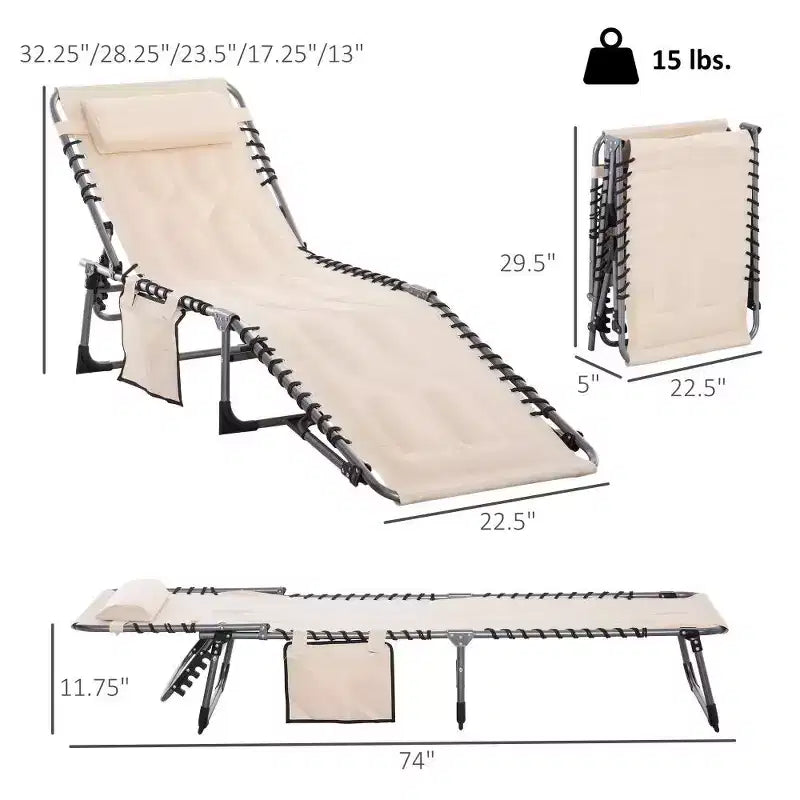 Chaise longue inclinable d'extérieur rembourrée et pliante avec dossier et appuie-tête réglables pour piscine, plage ou jardin