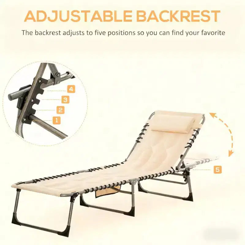 Chaise longue inclinable d'extérieur rembourrée et pliante avec dossier et appuie-tête réglables pour piscine, plage ou jardin