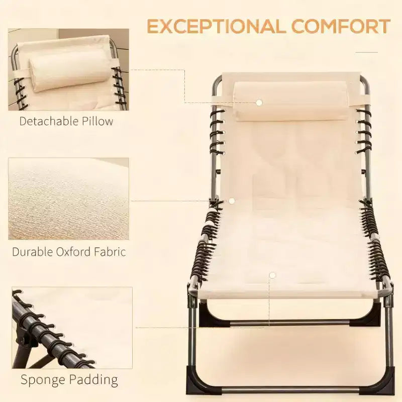 Chaise longue inclinable d'extérieur rembourrée et pliante avec dossier et appuie-tête réglables pour piscine, plage ou jardin