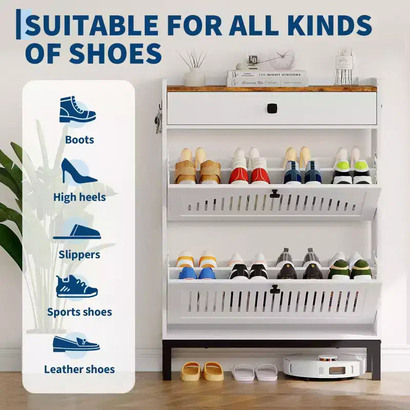 Meuble à chaussures avec 4 tiroirs rabattables, organiseur de chaussures avec panneau ajouré et poignées carrées noires, étagère à chaussures réglable pour entrée et salon