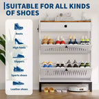 Meuble à chaussures avec 4 tiroirs rabattables, organiseur de chaussures avec panneau ajouré et poignées carrées noires, étagère à chaussures réglable pour entrée et salon