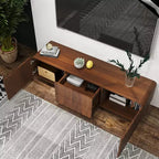 Meuble TV JVNOXK 58 pouces, design spirale et vague de style mid-century, avec armoire de rangement et deux tiroirs, convient pour le salon ou la chambre à coucher, Noyer