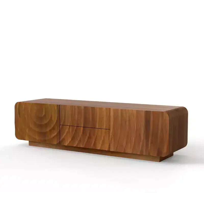 Meuble TV JVNOXK 58 pouces, design spirale et vague de style mid-century, avec armoire de rangement et deux tiroirs, convient pour le salon ou la chambre à coucher, Noyer