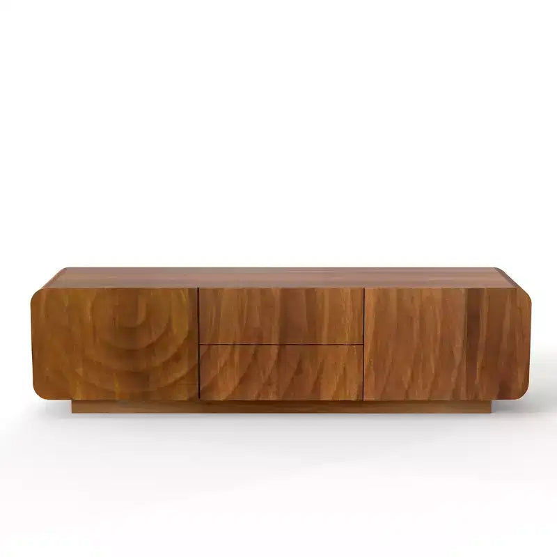 Meuble TV JVNOXK 58 pouces, design spirale et vague de style mid-century, avec armoire de rangement et deux tiroirs, convient pour le salon ou la chambre à coucher, Noyer