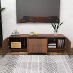 Meuble TV JVNOXK 58 pouces, design spirale et vague de style mid-century, avec armoire de rangement et deux tiroirs, convient pour le salon ou la chambre à coucher, Noyer