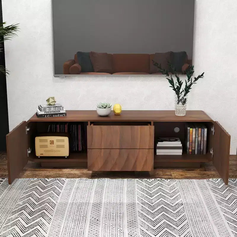 Meuble TV JVNOXK 58 pouces, design spirale et vague de style mid-century, avec armoire de rangement et deux tiroirs, convient pour le salon ou la chambre à coucher, Noyer