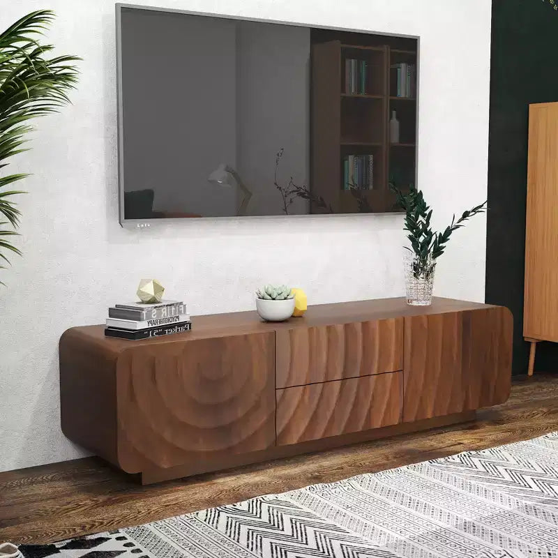 Meuble TV JVNOXK 58 pouces, design spirale et vague de style mid-century, avec armoire de rangement et deux tiroirs, convient pour le salon ou la chambre à coucher, Noyer