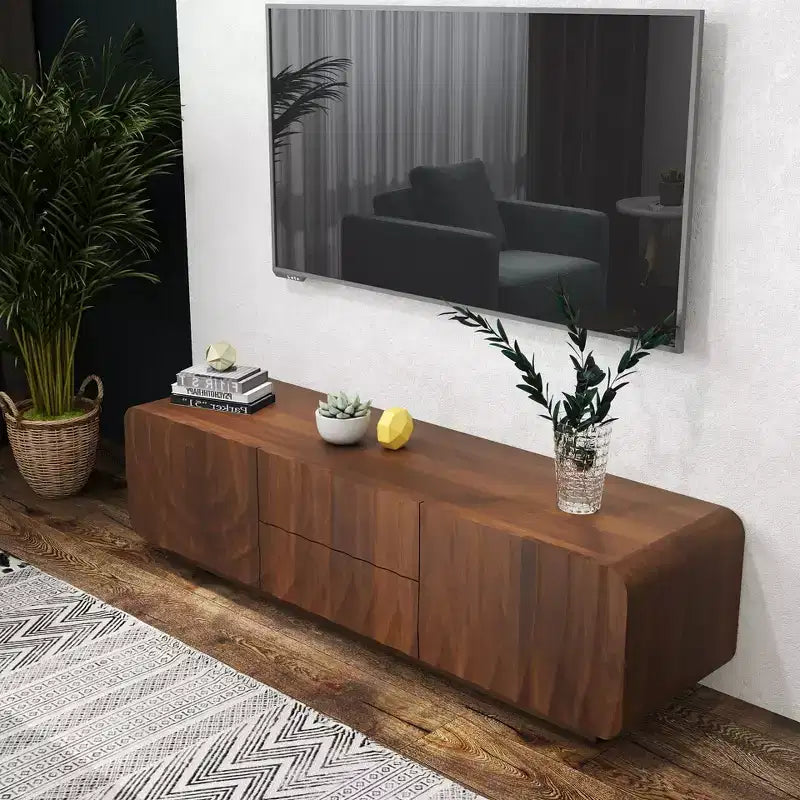 Meuble TV JVNOXK 58 pouces, design spirale et vague de style mid-century, avec armoire de rangement et deux tiroirs, convient pour le salon ou la chambre à coucher, Noyer