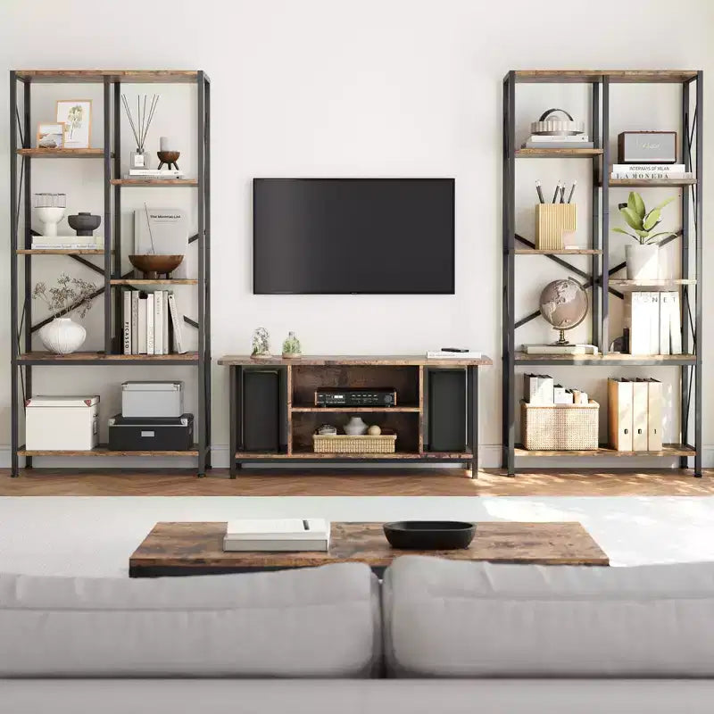 Étagère 5 niveaux brun rustique 80 cm, finition vintage, cadre métallique décalé C Rangement à étagères ouvertes pour salon/chambre/bureau (1 paquet)