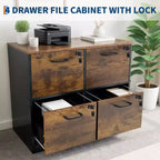 COZONY Meuble Classeur en Bois à 4 Tiroirs, Rangement Vertical Verrouillable pour A4/Lettre, Marron Rustique et Noir