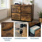 COZONY Meuble Classeur en Bois à 4 Tiroirs, Rangement Vertical Verrouillable pour A4/Lettre, Marron Rustique et Noir