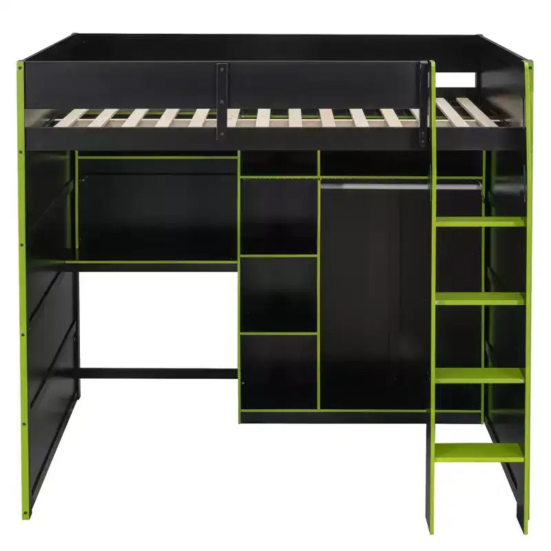 Lit mezzanine GDF Studio Leonard Wood avec bureau, armoire ouverte et lumières RVB